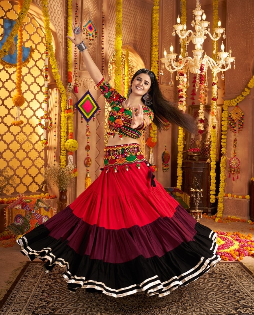 11022 - Delicate Red Mirror Work Navratri Wear Lehenga Choli With Dupatta